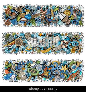 Cartoon cute hand drawn colorful vector doodles Marine set of horizontal banners design Stock Vector