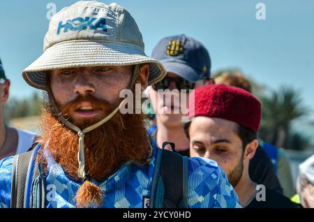 Bizerte, Tunisia. 07 April 2024. Russ Cook runs with his supporters ...