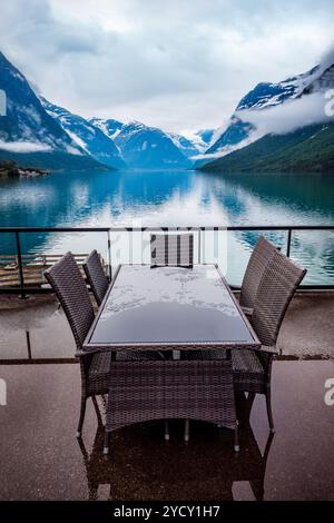 Cafe on the nature background lovatnet lake. Stock Photo