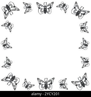 Butterflies, moths and moths hand drawn with ink and transferred to vector. Butterfly photo frame. Vector illustration suitable for photo decor Stock Vector