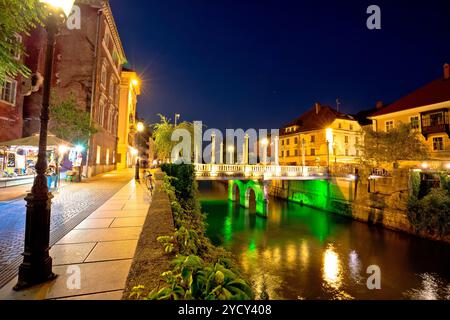 Ljubljanica river waterfront in Ljubljana evening view Stock Photo