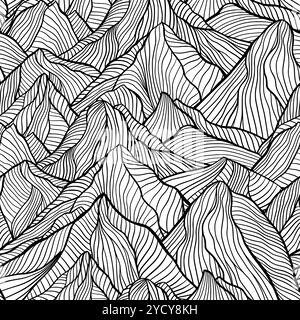 Black and White Line Art Drawing of Abstract Wavy Mountains Vector Seamless Pattern for Fabric Textile or Wallpapers Stock Vector