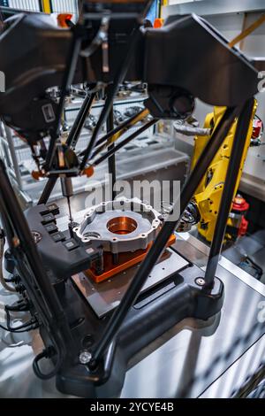Metalworking CNC milling machine. Automated production cell measurement probe. Stock Photo