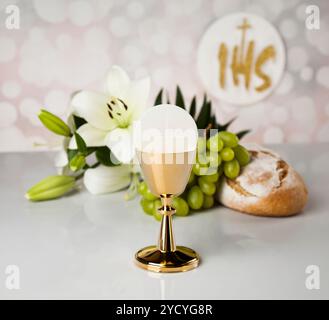 Eucharist symbol of bread and wine, chalice and host, First communion ...