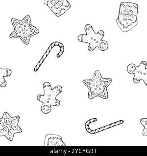 Seamless vector pattern with hand drawn Christmas cookies, gingerbread men, stars, houses and candy canes. Festive sketch style design, perfect for Stock Vector