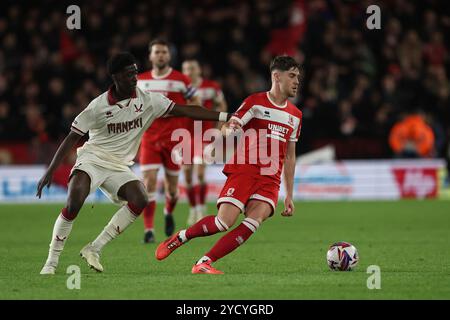 Middlesbrough's Hayden Hackney in action with Sheffield United's Jesuran Rak-Sakyi during the Sky Bet Championship match between Middlesbrough and Sheffield United at the Riverside Stadium, Middlesbrough on Wednesday 23rd October 2024. (Photo: Mark Fletcher | MI News) Credit: MI News & Sport /Alamy Live News Stock Photo