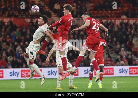 Middlesbrough's Rav van den Berg challenges for a header with Sheffield United's Anel Ahmedhodzic during the Sky Bet Championship match between Middlesbrough and Sheffield United at the Riverside Stadium, Middlesbrough on Wednesday 23rd October 2024. (Photo: Mark Fletcher | MI News) Credit: MI News & Sport /Alamy Live News Stock Photo