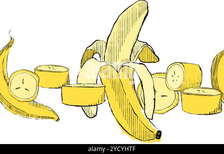 Graphic banana seamless border pattern isolated on white. Vector illustration Stock Vector