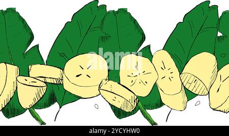 Pieces of banana with green leaves graphic vector seamless border, pattern Stock Vector