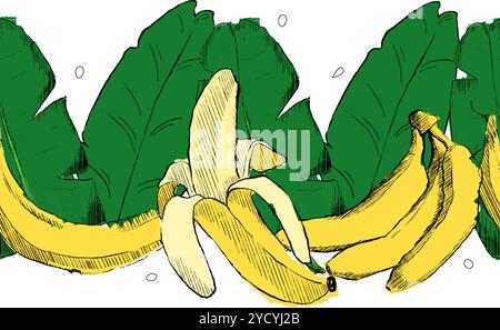 Graphic banana yellow fruit seamless border with leaves. Hand drawn vector illustration. Tropical fruit. Packaging design, menu design, juice packagin Stock Vector