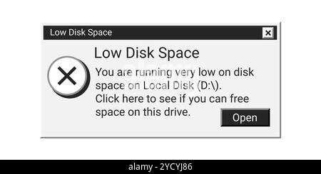 Low disk space retro message in black color. Old error window notification. Stock Vector