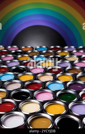 Rainbow, tin metal cans with color paint Stock Photo