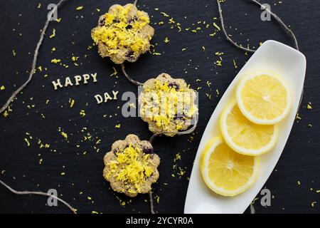 Lemon cupcakes on a black background Stock Photo