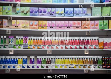 London, UK. 24th Oct, 2024. Colourful vapes on display at a store in Central London as the UK government announces that disposable vapes will be banned in June 2025. The ban aims to cut plastic pollution and the use of vapes by children. Credit: SOPA Images Limited/Alamy Live News Stock Photo