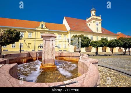 Old paved street and fountain in Tvrdja historic town of Osijek Stock Photo