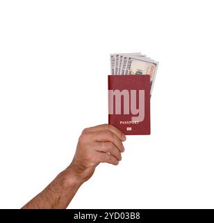 passport, money, hand, holding, isolated, banknotes, red, male, hold, show, mockup, one hundred, Stock Photo
