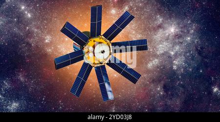 Space satellite orbiting the earth on a background star sun. Stock Photo