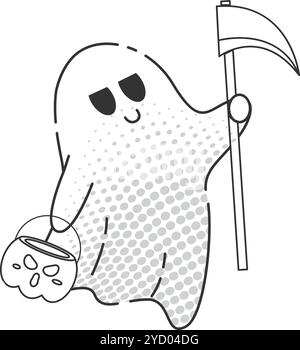 Cheerful cartoon ghost holding scythe and candy bucket, Vector Stock Vector