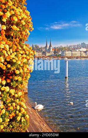 Colorful lake Luzern and town waterfront view Stock Photo