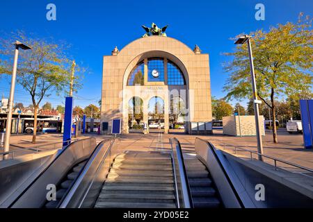 Town of Lucerne old train station arch with welome sign view Stock Photo