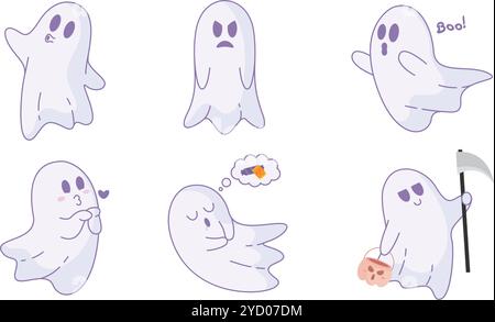 Cute Halloween ghost icons with various expressions, Vector Stock Vector