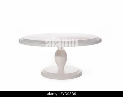 white wood stand with a leg, for desserts and cakes. Isolated stand on white background. Stock Photo