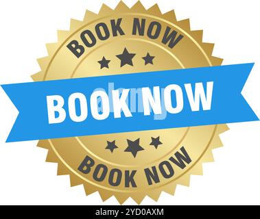 book now round blue and gold label isolated on transparent background. book now Stock Vector