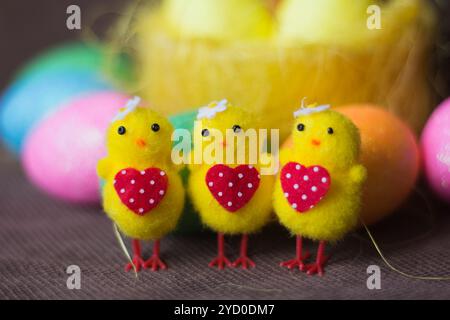 Little toy Easter chickens. Happy easter . Holiday Stock Photo