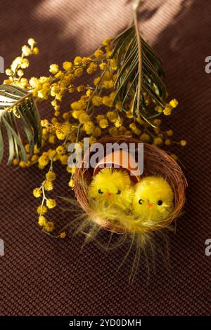 Little toy Easter chickens. Happy easter . Holiday Stock Photo