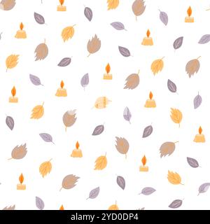 Autumn fancy leaves, candles seamless pattern, vector minimalist concept flat style simple illustration, hand drawn natural floral repeat ornament for textile, gift paper, autumn holidays decor Stock Vector