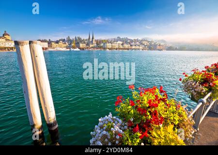 Colorful lake Luzern and town waterfront view Stock Photo