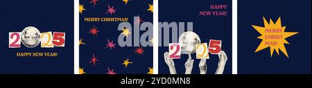 New year halftone collage cards set vector illustration Stock Vector