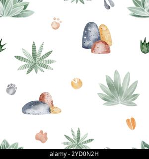 Watercolor seamless pattern cartoon landscape green leaves, stones, traces. Hand drawn cute background for children. Drawing Childish botanical design Stock Photo