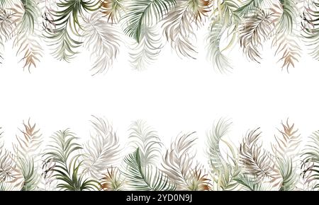 Watercolor border with palm green leaves a isolated background. Hand-drawn of botanical tropical background on for greeting cards or invitations. Stock Photo