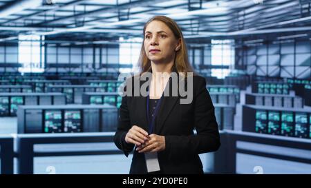 System administrator in high tech data center looking at hologram visualization. Computer scientist working on securing server terminals using AR tech, preventing hacker attacks, camera A Stock Photo