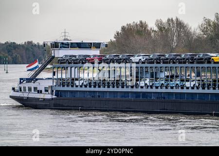 Car transporter Freighter Forenso, on the Rhine near Rees, brings Ford Explorer E-cars, from the Cologne Ford plant to the seaports of the Netherlands Stock Photo