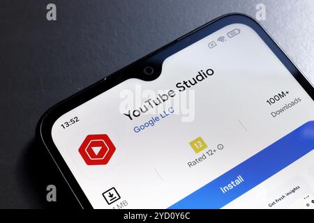 October 24, 2024, Portugal. In this photo illustration, the YouTube Studio app logo is displayed on a smartphone screen Stock Photo