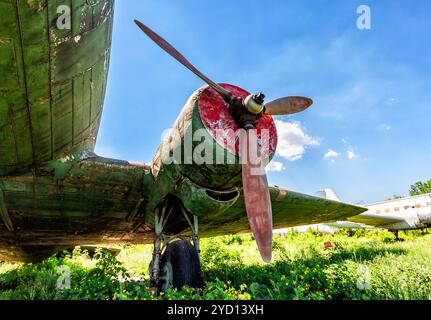 Turbine of old russian turboprop aircraft at the abandoned aerodrome in ...