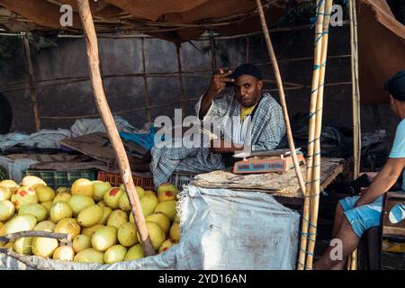 Countryside, Morocco, July 23th 2019: Local greengrocer selling fresh Ataulfo mangos in a Moroccan marketplace Stock Photo