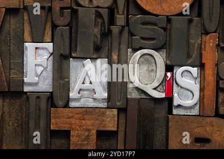 FAQs abbreviation made from metallic letterpress blocks in mixed wooden letters Stock Photo