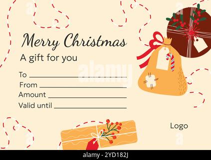 Christmas gift certificate template with hand drawn gift boxes. Vector design on beige background. Stock Vector