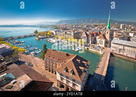 Zurich and Limmat river waterfront aerial view Stock Photo