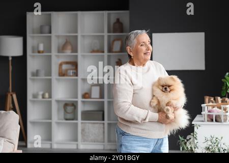 Senior woman with Pomeranian dog at home Stock Photo