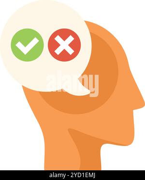 This vector illustration shows the concept of decision making with a human head and a speech bubble containing a check mark and a cross mark Stock Vector