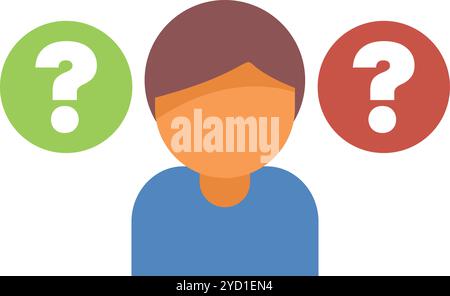 Concept of decision making process, a person choosing between two options represented by question marks Stock Vector
