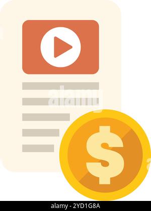 Digital document with a play button is showing a paid video with a dollar coin next to it Stock Vector
