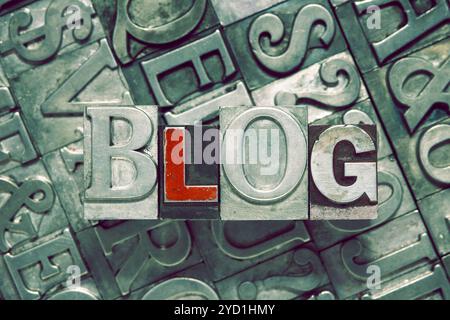 blog word concept made from metallic letterpress blocks on many letters background Stock Photo