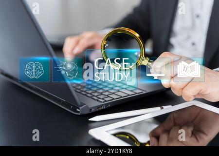 Case study education concept. Businessman use laptop with virtual case study icon for analysis of the situation to find a solution. Case study text un Stock Photo
