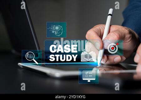 Case Study Education concept, Business person hand touching case study icon on virtual screen. Businessman focused on case study. study online, e lear Stock Photo