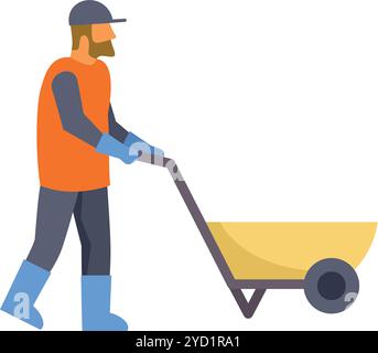 Construction worker wearing an orange vest and blue gloves is pushing an empty wheelbarrow Stock Vector